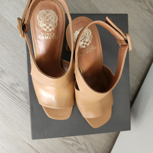 Vince Camuto Tan Leather Open-Toe Block Heel Slingbacks main image 4